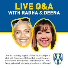 Join us today at 12:30pm to talk with Deena Wang about the international  student experience at UWindsor.