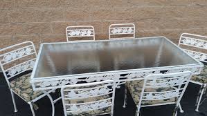 Vintage Wrought Iron Patio Furniture 7 Pieces Glass Table Top 6 Chairs Mcm Vintage Patio Furniture Vintage Patio Wrought Iron Patio Furniture