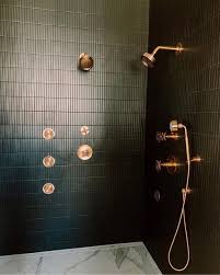 Bedrosians Tile And Stone On Instagram Matte Black Shower With Brass Fixtures Designed By Theblackhouseonthecorner Black Shower Brass Fixtures Home Decor