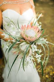 Bridal Bouquet King Protea White Orchids Fronds Diamond Body Jewelry Tropical Flowers Mariah Mi Tropical Wedding Bouquets Protea Wedding Orchid Wedding