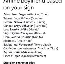 What is your zodiac sign. My Levi Boyfriend Is Da Best But He Is A Clean Freak And Smell Like Windex Anime Zodiac Anime Horoscope Birthday Scenario