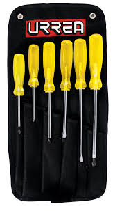 · mazos de madera · martillos de bola o de mecanicos · cincel para metales · centropunto · juego de destornilladores (pala y estrella) · juego de llaves españolas(boca fijas) · juego de llaves allen· cautin, pistola para soldar, pasta para soldar y estaño · extractor para sacar rodamientos · arco con cegueta · navaja · juego de limas Juego De 6 Destornilladores Ambar Combinado Grupo Urrea
