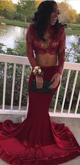 Maroon 2018 Two Piece Prom Dress Long Sleeve Lace Evening Dress On Sale From 2 Black Girl Prom Dresses Long Sleeve Lace Evening Dress Burgundy Prom Dress Long