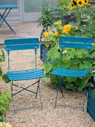 Folding Metal Bistro Chairs Set In Blue Or Yellow Gardeners Com Metal Bistro Chairs Bistro Chairs Bistro Patio Set