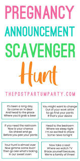 E does often appear at the end of words & that should help. Free Pregnancy Announcement Scavenger Hunt The Postpartum Party