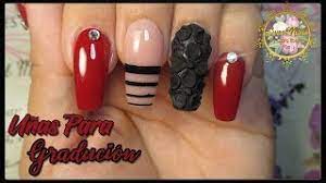 Uñas acrílicas by norma peña, piedras negras. Unas Color Rojo Con Negro Elegantes Para Graduacion Flores De Acrilico Sencillas Youtube
