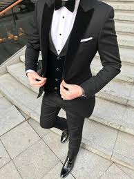 Black 3 Piece Suit Design Latest Design Black Groom Tuxedos Men Wedding Suits Velevt Peaked Lapel Man Blazer Jacket Three Piece Groomsmen Wear Evening Prom Party Designer Suits For Men Dress Suits For Men Tuxedo For Men