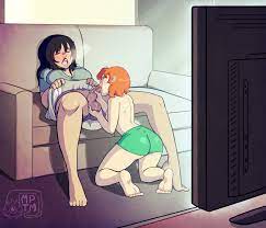 1futa 1girls age difference ass black hair breasts breath  caressing testicles clothes couch fellatio full-package futanari futa on  female futanari gnome hair handjob human indoors intersex interspecies  large ass