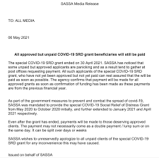 Sassa unemployment grant extended 2021. Sassa On Twitter Media Release All Approved But Unpaid Covid 19 Srd Grant Beneficiaries Will Still Be Paid Sassacares The Dsd Gcismedia Nda Rsa Governmentza Postofficesa Https T Co P60xvbkbpu