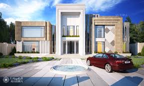 Two floors villa exterior design with biophilic elements, entrance pathway and landscape. Modern Exterior Design For Your Villa