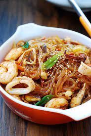 Spicy Seafood Japchae Sweet Potato Noodles Sweet Potato Stir Fry Seafood Recipes