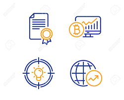 certificate bitcoin chart and idea icons simple set world statistics