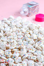 This is the popular chex puppy chow recipe made with crispy rice or corn cereal (such as rice chex or corn chex), chocolate chips, and peanut butter. Funfetti Puppy Chow Recipe Diy Muddy Buddies Sweets Treats Blog
