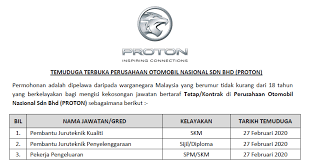 Permohonan jawatan kosong perusahaan otomobil nasional sdn bhd (proton). Temuduga Terbuka 2020 Di Perusahaan Otomobil Nasional Sdn Bhd Proton