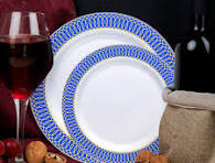 White with Gold Spiral on Blue Rim Plastic Dinnerware Value Set