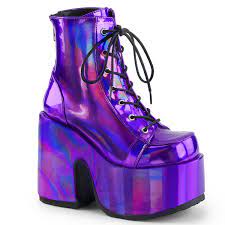Camel 203 Demonia Platform Lace Up Ankle Boot Purple Hologram Metal Back Zip Schuh Grosshandel B2b Dealer For High Heels Wholesale