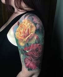 Color Realistic Yellow And Red Rose Tattoo By Mark Wade And Deanna Smith At Dark Age Tattoo Studio In Denton Rose Tattoos Vintage Flower Tattoo Red Rose Tattoo
