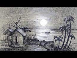 How To Draw A Moonlit Night With Simple Colored Pencils Easy And Simple Steps Landscape Pencil Drawings Pencil Sketches Landscape Scenery Drawing Pencil