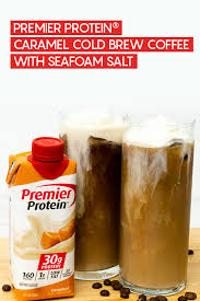 I stole this idea for a iced coffee protein drink from courtney shields and wanted to share it with you! Premier Protein Caramel Cold Brew Coffee With Sea Salt Foam Obesityhelp