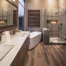 Wood look tiles of a modern bathroom with bathroom floor tile: 75 Beautiful Dark Wood Floor Bathroom Pictures Ideas April 2021 Houzz