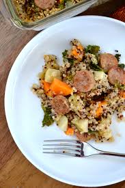 Add sliced potatoes, cabbage, and the sausage to the crockpot with butter and apple sauce. Sweet Potato And Chicken Apple Sausage Quinoa Bake