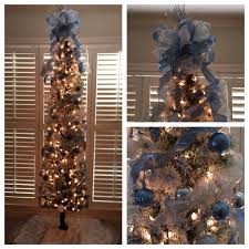 Flocked Pencil Christmas Tree For Master Bedroom Blue Silver And White Pencil Christmas Tree Christmas Tree Christmas Tree Decorations