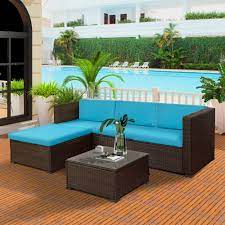 Flamaker 3 pieces patio set outdoor wicker patio furniture sets modern bistro set rattan chair conversation sets with coffee table for yard and bistro (black) 4.6 out of 5 stars 5,718 $109.99 $ 109. Merax 5 Piece Outdoor Rattan Patio Wicker Sectional Set With Blue Seat And Back Cushions Tempered Glass Table Top Walmart Com Walmart Com