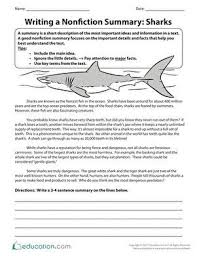 Writing A Nonfiction Summary Sharks Worksheet Education Com In 2020 Summarizing Nonfiction Summary Writing 6th Grade Writing