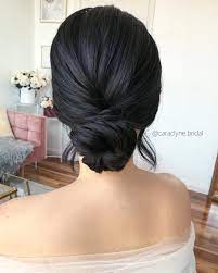 Simple Updo On Jet Black Hair Texture Can Still Be Visible With Such Dark Hair Bridal Hair Updo Bridal Hair Inspiration Wedding Hair And Makeup