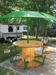 Awesome Picnic Table From Cable Spool Reclaimed Wood And An Old Satellite Dish Cablespooltables Awesome Picnic Table Fr Wooden Spool Tables Outdoor Backyard