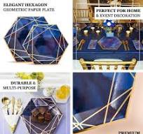 Efavormart 25 Pack | 7" Navy/Gold Hexagon Dessert Paper Plates, Appetizer  Plates, Disposable Party Plates