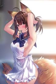 usagihime, original, highres, 1girl, adjusting hair, ahoge, animal ear  fluff, animal ears, armpits, arms up, blurry, blush, breasts, brown eyes,  brown hair, depth of field, dress, female focus, fox ears, fox girl,