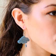 Mismatched Golden Sun and Rain Cloud Glitter Earrings, Swarovski Crystal Weather Acrylic Statement Earrings Pierced or Clip-On