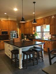 Updated Kitchen With New White Island Original Honey Oak Cabinets And A Touch Of Shiplap Love New Kitchen Cabinets Kitchen Remodel Small Honey Oak Cabinets