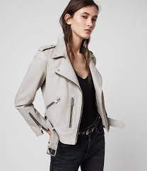 Allsaints Ca Womens Balfern Leather Biker Jacket Cement Grey All Saints Leather Jacket Grey Leather Jacket White Leather Jacket