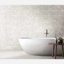 A glossy white mosaic on a mesh back. Hexagon Lustre White Wall And Floor Tiles Tiles From Tile Mountain