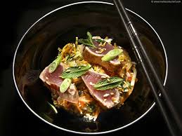 Grilled Bonito Crunchy Salad With Toasted Rice Yuzu Recipe Bonito Recipe Asian Fusion Recipes Crunchy Salad
