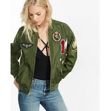 Express Olive Bomber Jacket With Graphic Patches 865 Egp Liked On Polyvore Featuring Outerwear Olive Green Bomber Jacket Bomber Jacket Women Bomber Jacket