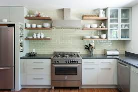 Modern Cottage Kitchen Open Shelves Beside Stove Floating Shelves Kitchen Open Kitchen Shelves Kitchen Wall Tiles