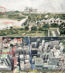 1890s年 120多年前尖沙嘴古貌前世今生 位置註解 九龍角山上水警總部時間球塔於1884年建成今為1881 heritage 照片可看到彌敦道 羅便臣道 初形 黃線 由水警總部中間一條由海灘旁上半延伸的道路是中間道初形 此道路通向羅便臣道 彌敦道 旁花園 hong kong kong paris