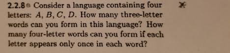 Word slovak word spanish word swahili word swedish word tamil word telugu word thai word turkish word ukrainian word uzbek word vietnamese word welsh word. Solved 2 2 8 Consider A Language Containing Four Letters Chegg Com