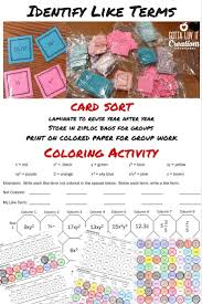 Color By Number Card Sort Identify Like Terms Bundle Distance Learning Pdf Like Terms Combining Like Terms Sorting Cards