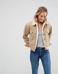 Asos Design Cord Jacket With Borg Collar In Stone Asos