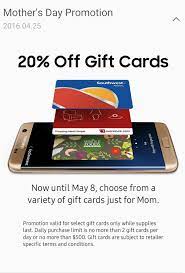 Samsung pay is a payment app that allows you to add your card to your supported samsung device in order to make transactions easier. Samsung Is Offering 20 Off Select Gift Cards As Part Of Its Mother S Day Promotion Sammobile Sammobile