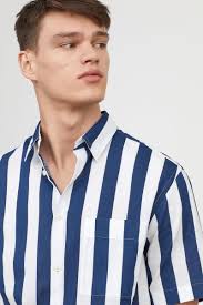Black And White Striped Shirt H M Regular Fit Short Sleeve Shirt Dark Blue White Striped Men H M Us Mens Shirts Shirts Linen Blend Shirt