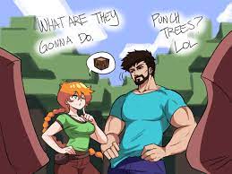 tina fate, alex (minecraft), steve (minecraft), villager (minecraft),  minecraft, highres, 1girl, 3boys, beard, blouse, blue shirt, breasts,  cleavage, denim, english text, facial hair, green shirt, hand on own hip,  hands on own