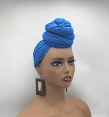 African Stretchy Head Scarves Blue Stretch Head Wrap Jersey Head Wrap  African Scarf