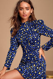Sophie Blue Leopard Print Ruffled Long Sleeve Dress Long Sleeve Dress Leopard Print Dress Women Dress Online
