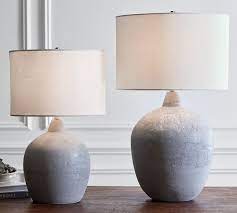 Gray round concrete table lamp with white shade. Clive Table Lamp Pottery Barn