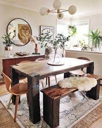 Boho Dining Space With A Wooden Set And Mid Century Modern Chandelier Chic Dining Room Dining Room Combo Dining Room Design